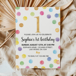 Rainbow Spot 1st Birthday Invitation Polka Dots