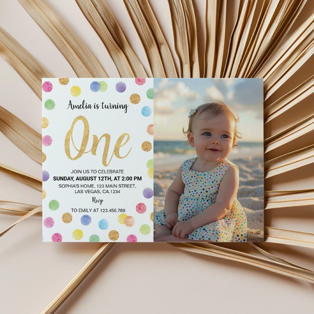 Rainbow Spot Pastel 1st Birthday Photo Invitation (Creator Uploaded)