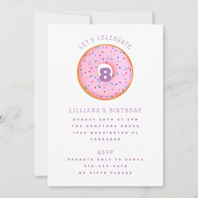 Rainbow Sprinkle Donut Pink Purple Kids Birthday Invitation (Front)