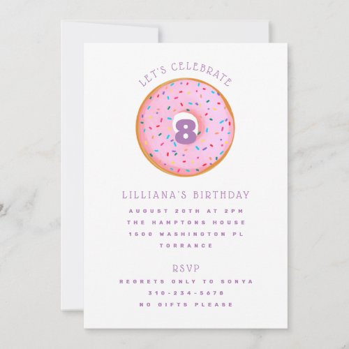 Rainbow Sprinkle Donut Pink Purple Kids Birthday Invitation