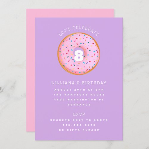 Rainbow Sprinkle Donut Pink Purple Kids Birthday Invitation