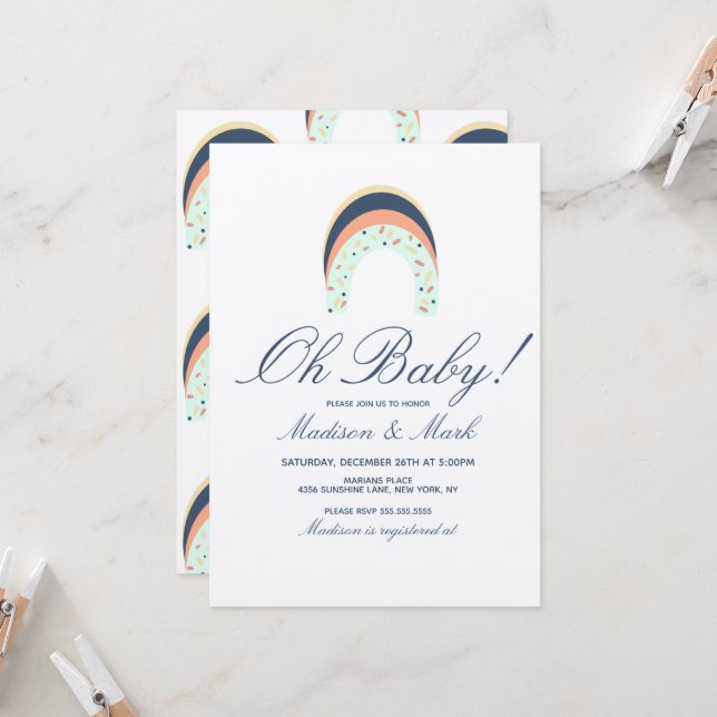 Rainbow Sprinkles Brush Stroke Baby Shower Rustic Invitation (Front/Back In Situ)
