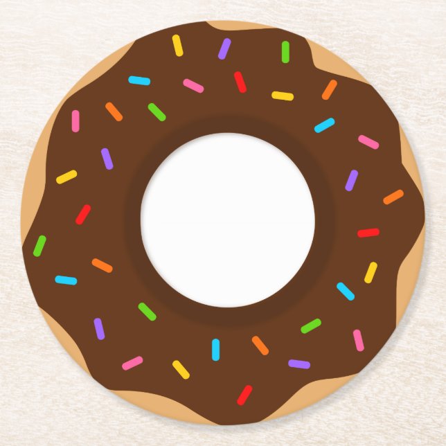 Rainbow Sprinkles Chocolate Donut Round Paper Coaster (Front)