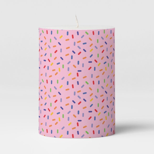 Rainbow Sprinkles Colorful Confetti Light Pink Pillar Candle (Front)