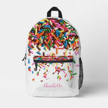 Rainbow Sprinkles With Name Printed Backpack by CarriesCamera at Zazzle