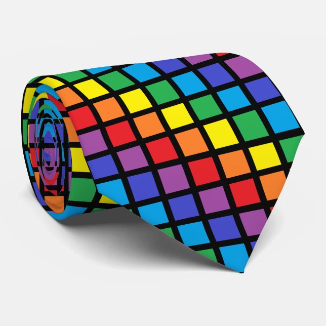 Rainbow Squares Black Neck Tie (Rolled)