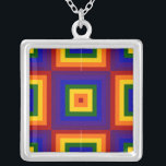 Rainbow Squares Silver Plated Necklace<br><div class="desc">Show your love of color with alternating geometric rainbows. A series of red, orange, yellow, green, blue, indigo, and violet squares radiate out from the center of this festive design. On either side of the main square are halves of 2 rainbow squares with the colors sequenced in reverse order. Digitally...</div>