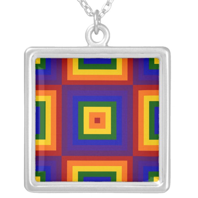 Rainbow Squares Silver Plated Necklace (Front)