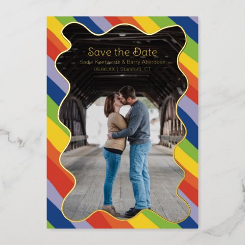 Rainbow Squiggle Modern Wedding Save the Date Foil Invitation