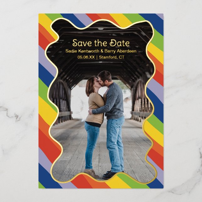 Rainbow Squiggle Modern Wedding Save the Date Foil Invitation (Front)