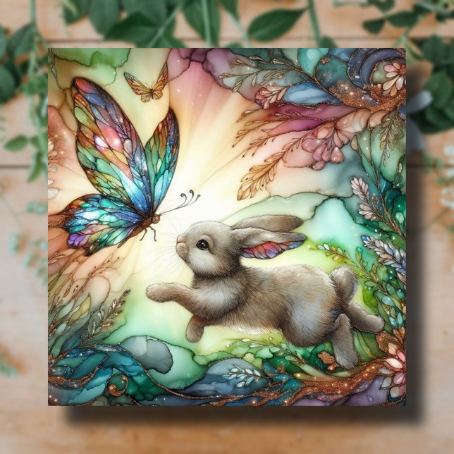 Rainbow Stained Glass Bunny Butterfly Easter Holiday Card (Creator Uploaded)