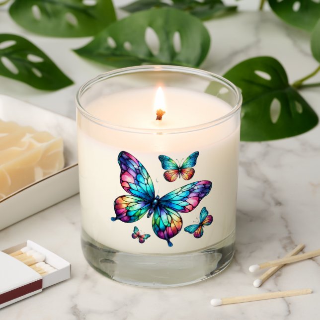 Rainbow Stained Glass Butterflies Illuminated Scented Candle (Lit)