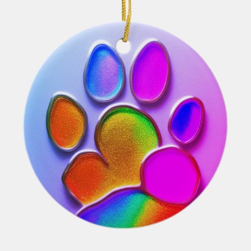 Rainbow stained glass paw print ornament