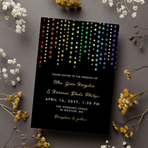 Rainbow Star Garlands Informal LGBT Wedding Gold Foil Invitation