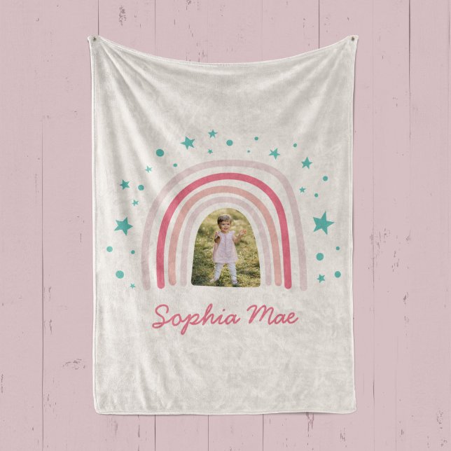 Rainbow star girly pink aqua photo elegant modern baby blanket (Creator Uploaded)