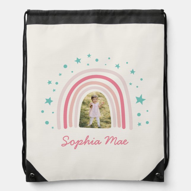 Rainbow star girly pink aqua photo elegant modern  drawstring bag (Front)