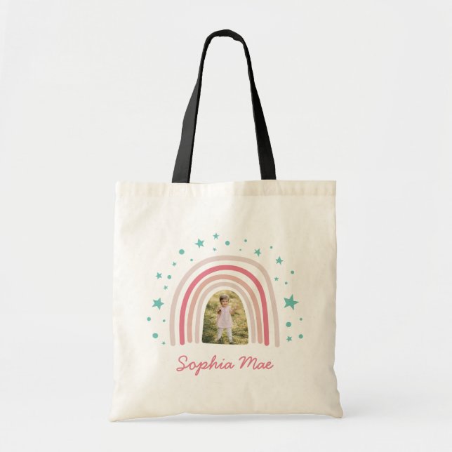 Rainbow star girly pink aqua photo elegant modern  tote bag (Front)