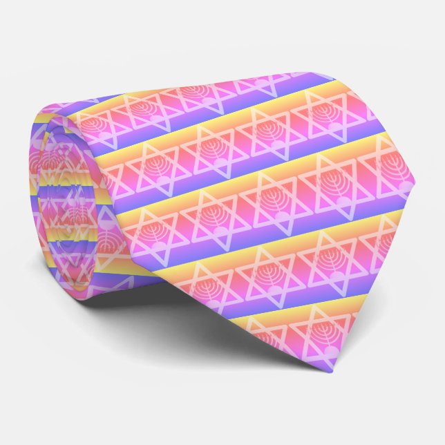 Rainbow Star of David Menorah Neck Tie (Rolled)