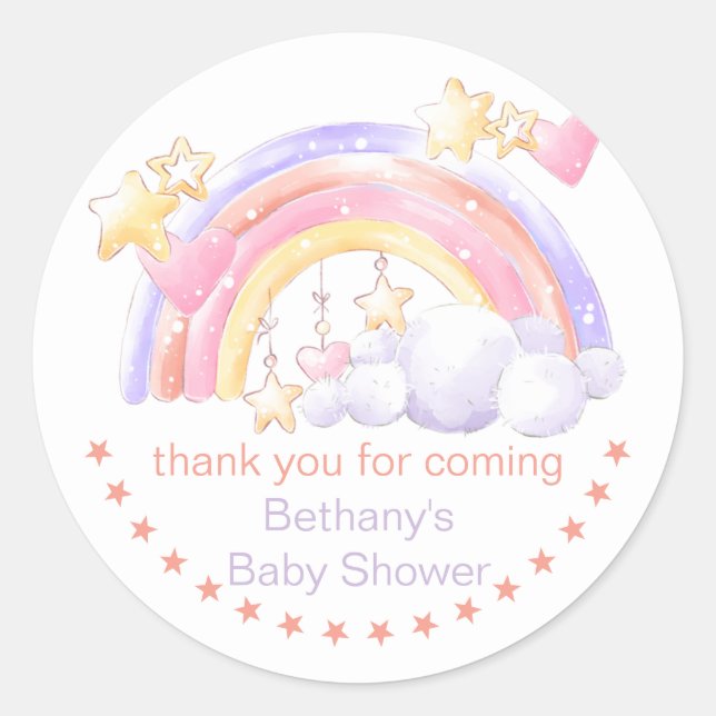 Rainbow Stars and Cloud Girl Baby Shower Thank You Classic Round Sticker (Front)