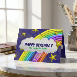 Rainbow Stars And Cloud Happy Birthday To A Friend Card<br><div class="desc">This vibrant and playful birthday greeting card is perfect for celebrating a special day. The background features a rich, deep blue adorned with golden stars, adding a whimsical touch. At the center, a cloud-shaped text box with a crisp white border contains the message “HAPPY BIRTHDAY to a wonderful friend” in...</div>