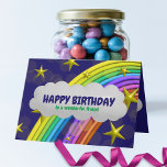 Rainbow Stars And Cloud Happy Birthday To A Friend Card<br><div class="desc">This vibrant and playful birthday greeting card is perfect for celebrating a special day. The background features a rich, deep blue adorned with golden stars, adding a whimsical touch. At the center, a cloud-shaped text box with a crisp white border contains the message “HAPPY BIRTHDAY to a wonderful friend” in...</div>