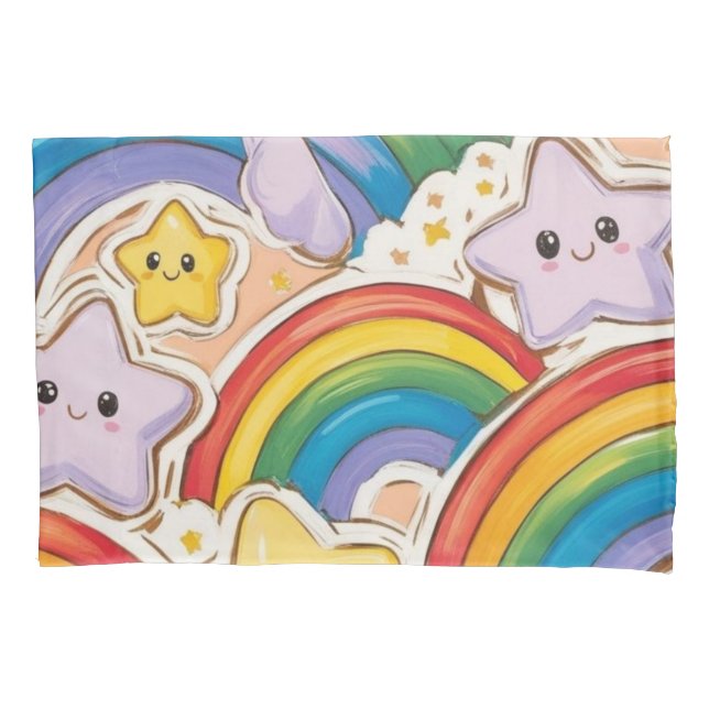 Rainbow, stars and cute smile pillow case (Front)