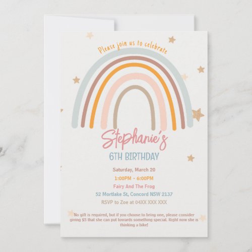 Rainbow Stars Fiver Party Birthday Invitation
