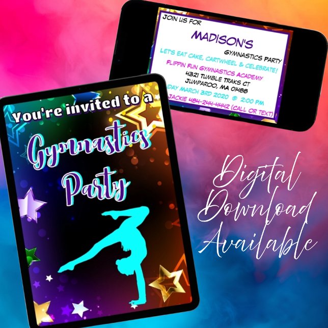 Rainbow Stars Gymnastics Birthday Party Invitation (Rainbow Stars Gymnastics Birthday Party Invitation)