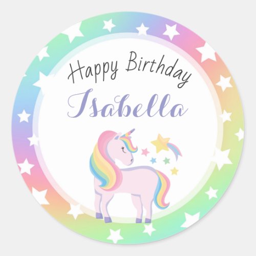 Rainbow Stars  Magical Unicorn Happy Birthday Classic Round Sticker