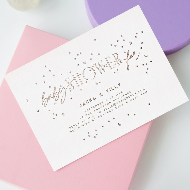 Rainbow Stars Modern Baby Shower White Rose Gold Foil Invitation (Creator Uploaded)