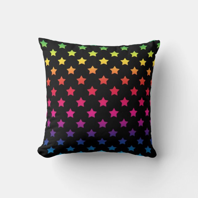 Rainbow Stars over Black Background Pattern Throw Pillow (Front)