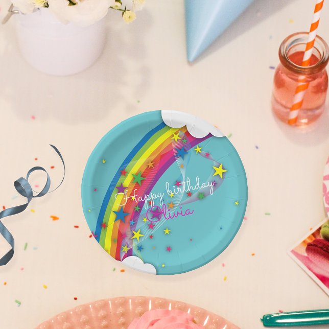 Rainbow Stars Sky Clouds & Name Happy Birthday Paper Plates (Creator Uploaded)