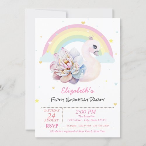 Rainbow Stars Swan Flower Birthday Invitation