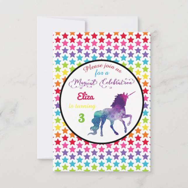 Rainbow Stars Unicorn - 3x5 Birthday Invitation (Front)