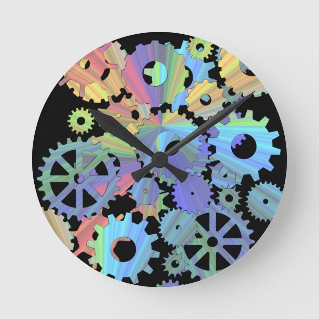 Rainbow steampunk metal gears art round clock (Front)