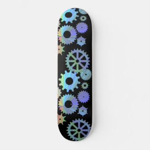 Rainbow steampunk metal gears art skateboard