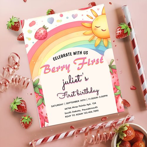 rainbow strawberry berry first 1st party birthday invitation