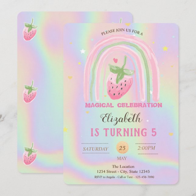  Rainbow Strawberry Holographic Birthday  Invitation (Front/Back)