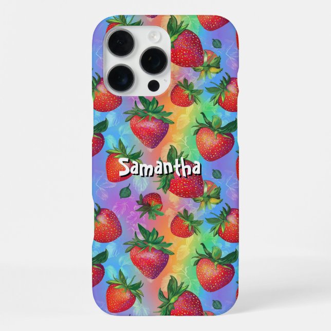 Rainbow Strawberry Pattern with Customizable Name Iphone Case (Back)