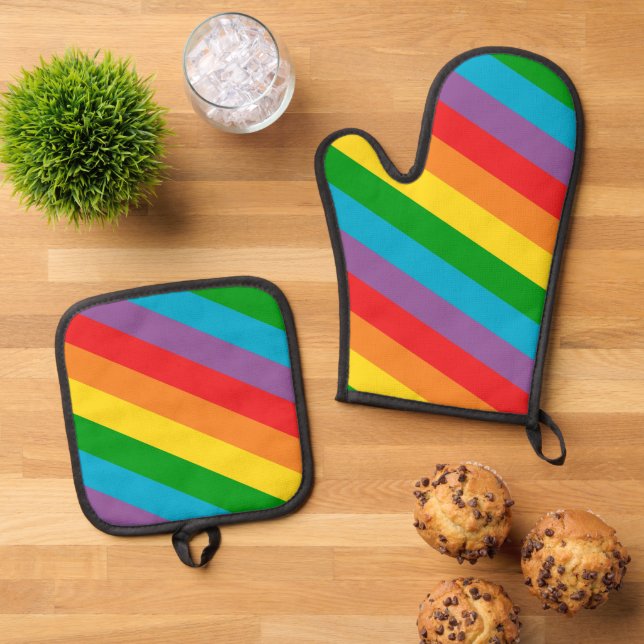 Rainbow Stripe Colourful Oven Mitt & Pot Holder Set (Top Down)