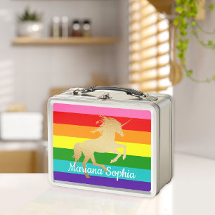 Rainbow Stripe Faux Gold Unicorn Name Kids Metal Lunch Box