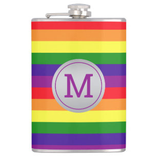 Rainbow Stripe Gray Circle Monogram Flask