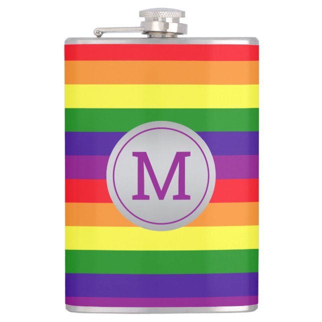 Rainbow Stripe Gray Circle Monogram Flask (Front)