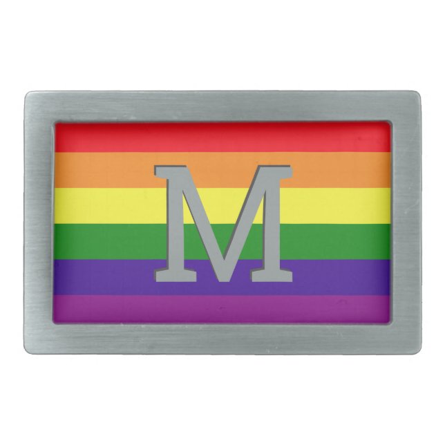 Rainbow Stripe Gray Monogram Initial Belt Buckle (Front)