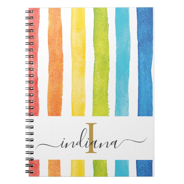 Rainbow Stripe Monogram Cursive Script Notebook (Front)