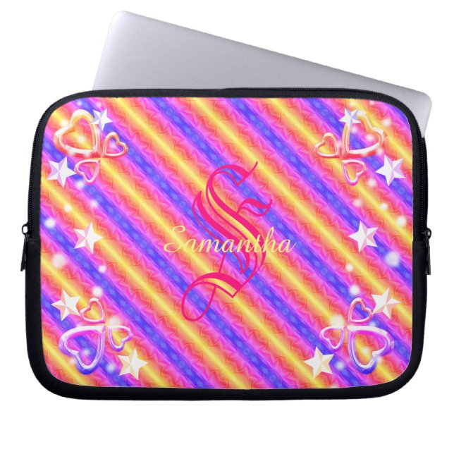 Rainbow Stripe Monogram Name Sparkle Hearts Girly Laptop Sleeve (Front)