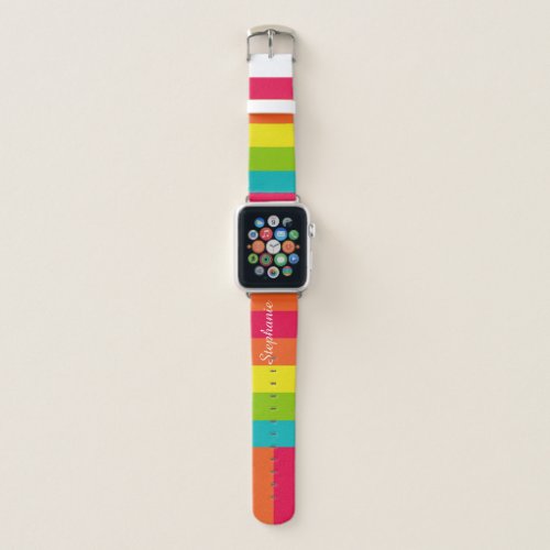 Rainbow Stripe Orange Pink Yellow Green Name Apple Watch Band