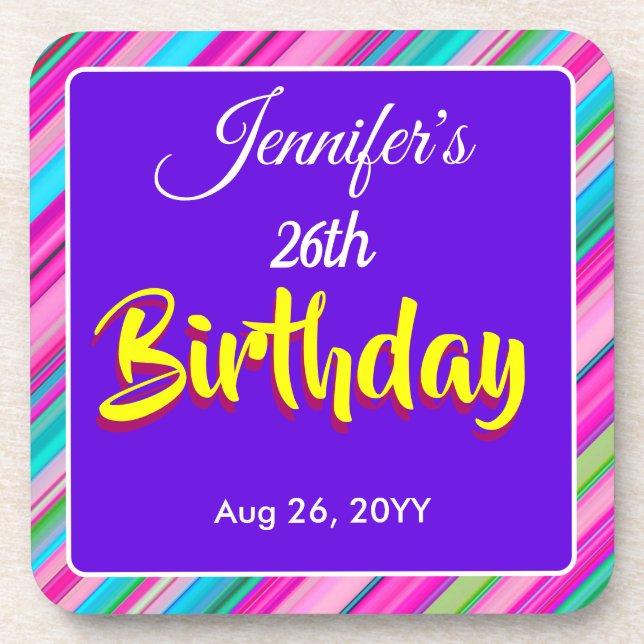 Rainbow Stripe Pattern Birthday Custom Text Beverage Coaster (Front)