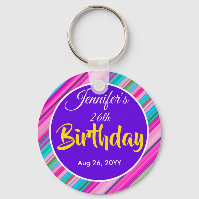 Rainbow Stripe Pattern Birthday Custom Text Keychain (Front)
