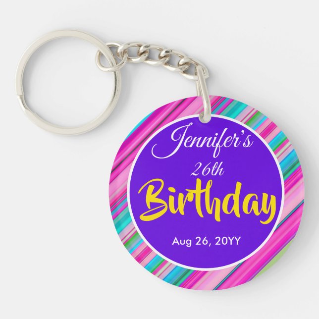 Rainbow Stripe Pattern Birthday Custom Text Keychain (Front)